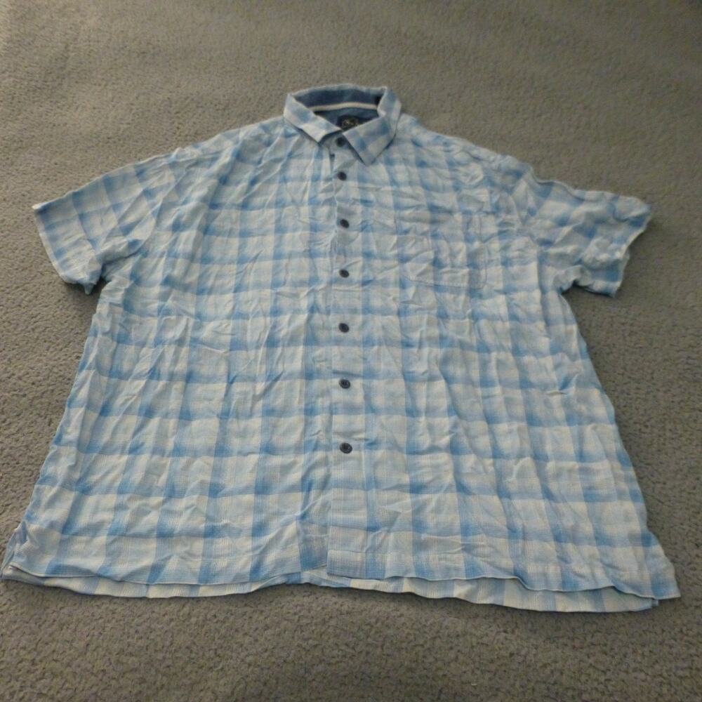 Nat Nast Shirt Mens XL Button Up Silk Cotton Plaid Camp Outdoor Blue Beach
